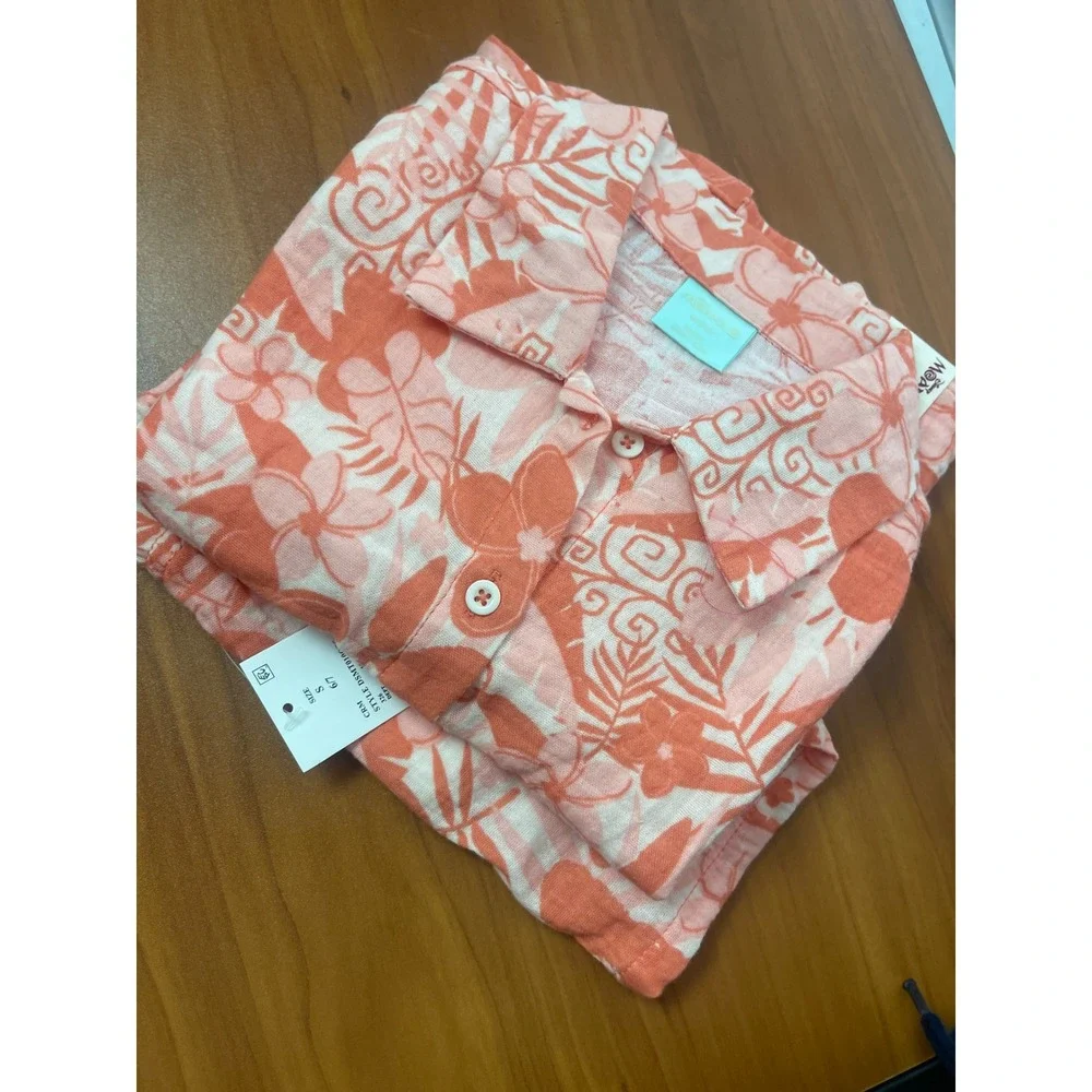 Disney Moana 2 Girls Small Peach Tropical Floral Cotton Gauze Shirt Shorts Set S